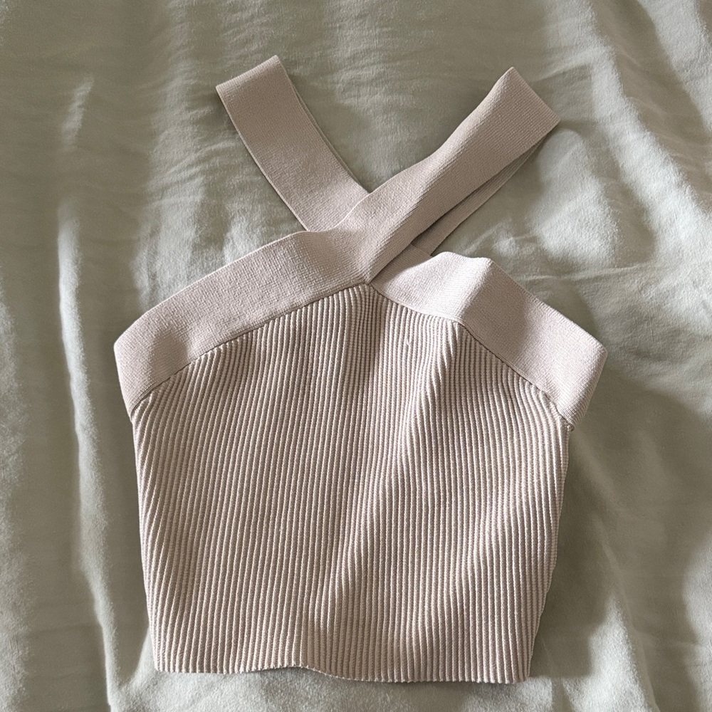 Aritzia Beige Ribbed Cross-Strap Crop Top